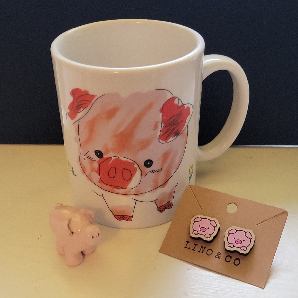 Pink Piglet Mug and Earrings Lot